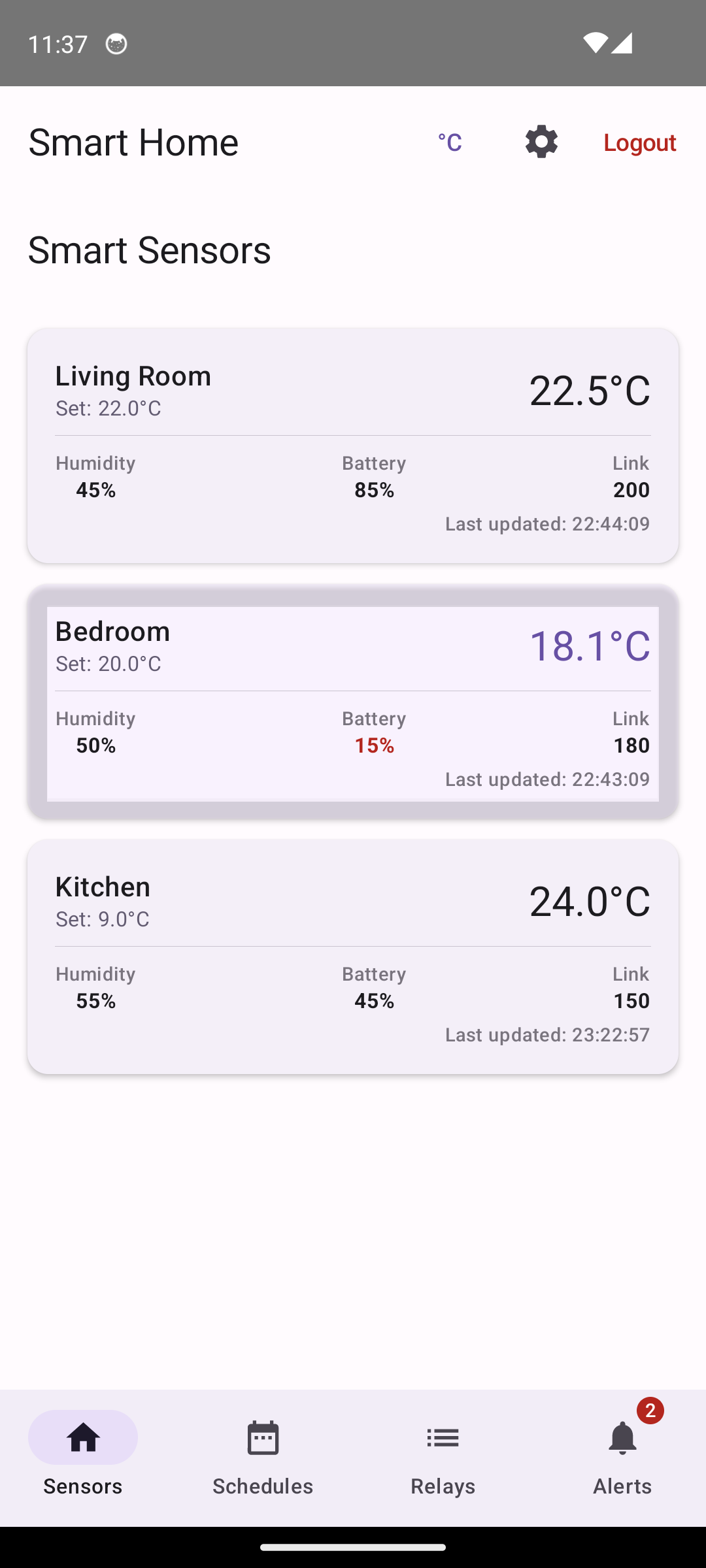 UpaSmartHome App Sensors Screen